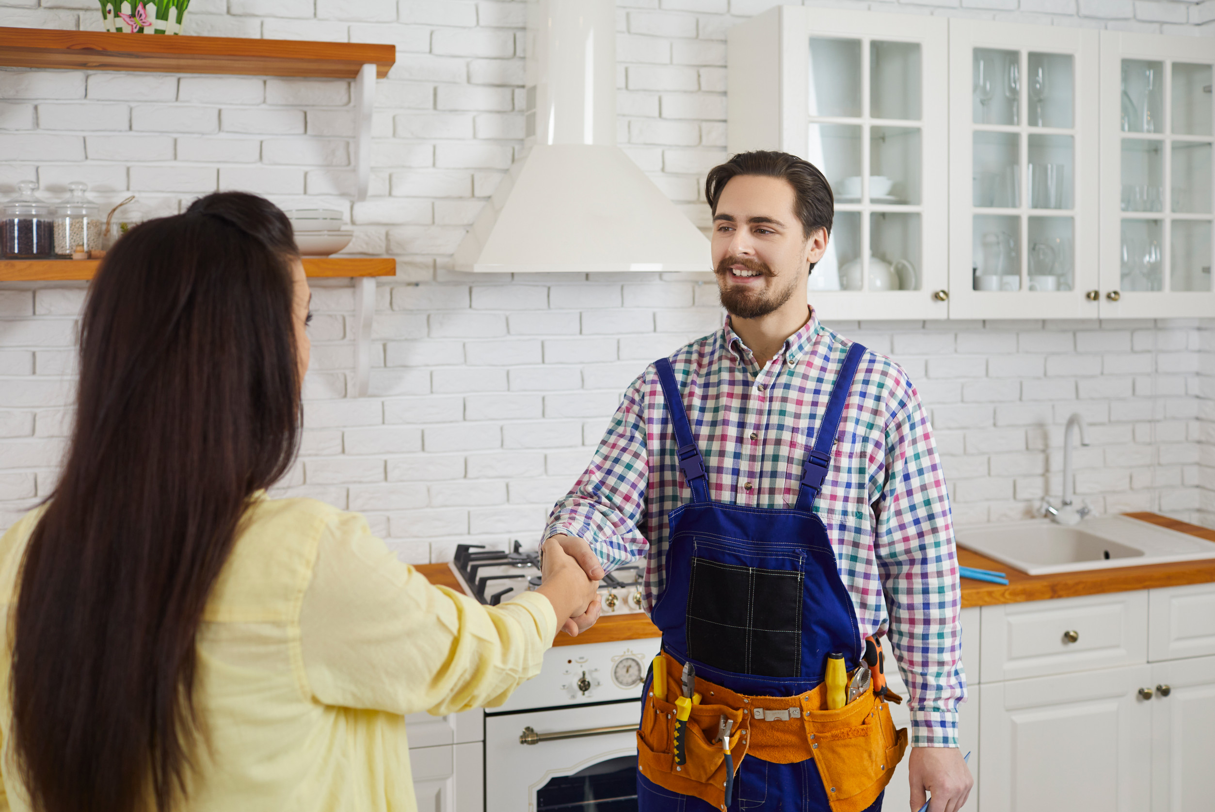 Male plumber handshake satisfied female client