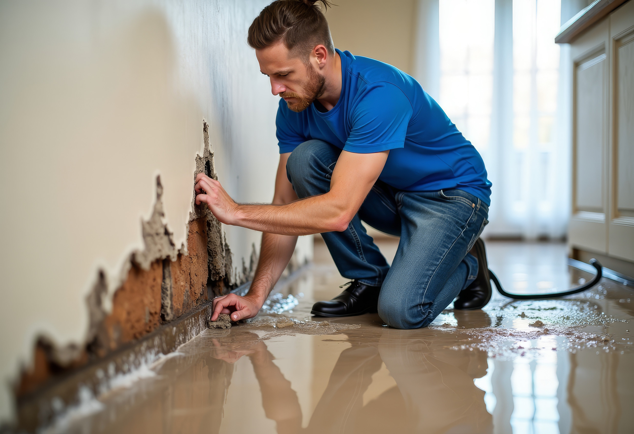 Restoring damaged interior walls carefully, Repair specialist meticulously restoring wateraffected walls inside flooded living quarters with appropriate safety measures and skillful handling