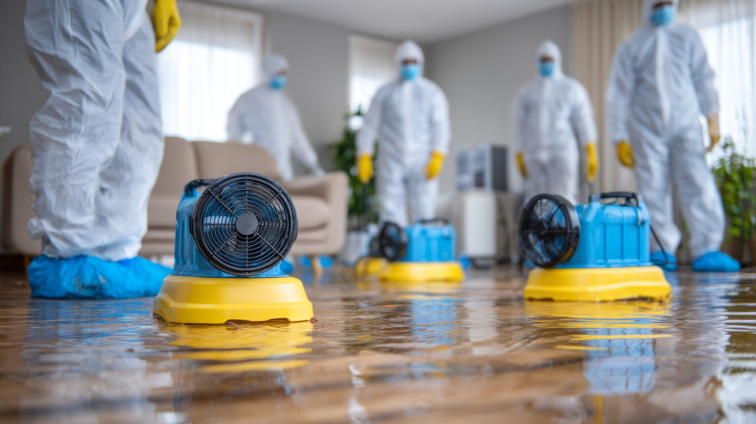 Water damage restoration, team drying flooded wooden floor with industrial fans
